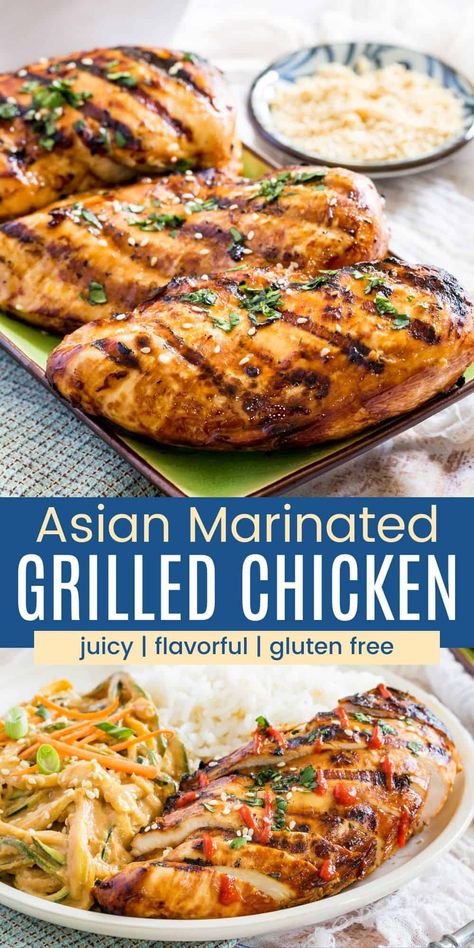 Looking for a show-stopping grilled chicken recipe? Our Asian Grilled Chicken is a winner! Juicy chicken breasts marinated in a mouthwatering blend of soy sauce, honey, lime, garlic, and ginger, resulting in a sweet and sticky glaze that will have you reaching for seconds. Best of all, one simple swap makes it gluten-free! Asian Grilled Chicken Recipes, Chicken Breast Marinade For The Grill, Gluten Free Chicken Breast Recipes, Chicken Marinade For The Grill, Asian Chicken Marinade, Asian Grilled Chicken, Grilled Chicken Seasoning, Asian Marinade For Chicken, Chicken Breast Marinade Recipes