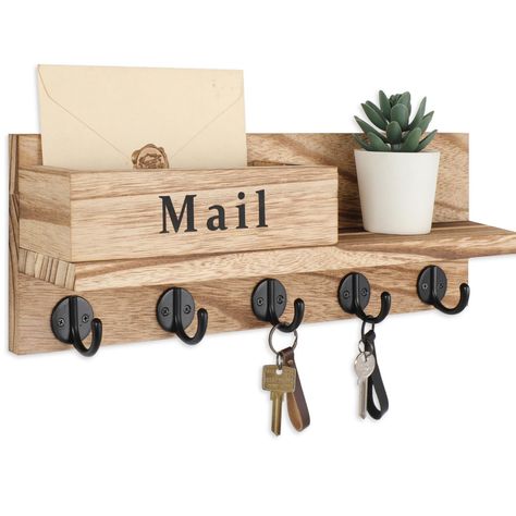 PRICES MAY VARY. 【HIGH QUALITY WOOD】The paulownia wood material makes the wall key holder stronger and more resistant than other wood boards. Each board has natural and unique wood grain. All these make the mail holder functional and beautiful. 【MORE THAN ENOUGH HOOKS】Mail key organizer is designed with five heavy duty metal hooks for more storage needs. The key hooks are large enough not only for keys but also for bags, coats and other larger items. 【ATTRACTIVE HOME DECOR】Artistic lettering pri Keys And Mail Holder Ideas, Keychain Holder Wall, Rustic Key Holder Ideas, Mail Holder Ideas, Key Hooks Entryway, Mail Organization, Artistic Lettering, Key Holder Entryway, Mail Holder Wall