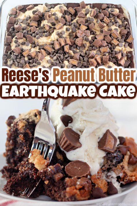 Reese’s Chocolate Peanut Butter Cup Earthquake Cake, Peanut Butter Cup Birthday Cake, Reese’s Pieces Cupcakes, Reeses Dessert Recipes, Reeses Cakes, Resses Dessert Recipes, Reese’s Cake, Chocolate Peanutbutter Cake, Peanut Butter Earthquake Cake