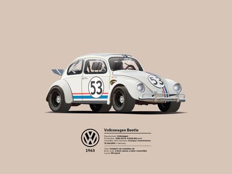 1963 Volskwagen beetle - 'Herbie' by Andres Gonzalez on Dribbble Imprimibles Hot Wheels, Fiat 128, Bug Car, Vw Sedan, Vw Classic, Beetle Car, Vw Vintage, Volkswagen Car, Car Vector