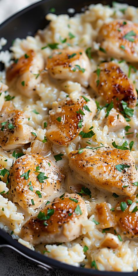 One-Pan Creamy Parmesan Chicken & Rice [40 Minutes] – Chasety Yummy Rice Recipes, Chicken And Creamy Rice, Parmesan Chicken Rice, Parmesan Chicken And Rice, Creamy Parmesan Chicken, Creamy Rice, Creamy Parmesan, Rice Dish, Parmesan Chicken