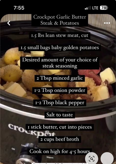 Garlic Butter Steak And Potatoes Crock, Family Of 4 Supper Ideas, Easy Crockpot Recipes 4 Hours, Crockpot Garlic And Steak Potatoes, Easy Crockpot Recipes Steak, 9 Hour Crockpot Recipes Dinners, Butter Beef And Potatoes Crock Pot, Lite Crockpot Meals, Garlic Beef And Potatoes Crock Pot