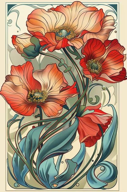 Nouveau Art Illustration, Art Nouveau Vs Art Deco, Art Nouveau Designs, Art Nouveau Flowers Illustration, Vintage Botanical Drawings, Fiori Art Deco, Art Nouveau Poppy, Pinturas Art Deco, Art Nouveau Modern