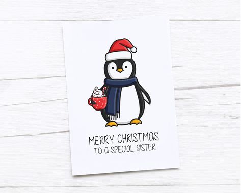 This cute, illustrated card is perfect for Christmas this year for your sister. The design is printed on 250gsm premium quality craft card, with a smooth finish. The card measures 105 x 148mm (A6) and comes with a white 100gsm envelope. The card is also blank inside for you to write your own personal message.  This product will arrive packed in a clear bio-degradable / compostable sleeve, within a sturdy envelope to ensure it reaches you in perfect condition.   Any 5 Cards for £10  Never miss an Merry Christmas Penguin, Happy Christmas Card, Cute Christmas Cards, Unique Birthday Cards, Christmas Card Art, Craft Card, Christmas Card Crafts, Dad Cards, Christmas Penguin