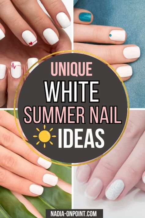 White Summer Nails: Chic White Nail Designs to Try White Acrylic Summer Nails, Nail Ideas With White Base, Summer White Nails Ideas, Summer Nail 2024 Trends White, White Fingernail Polish Ideas, White Summer Nails Short, White Nails Vacation, White Beach Nails Vacation, White Nails For Vacation