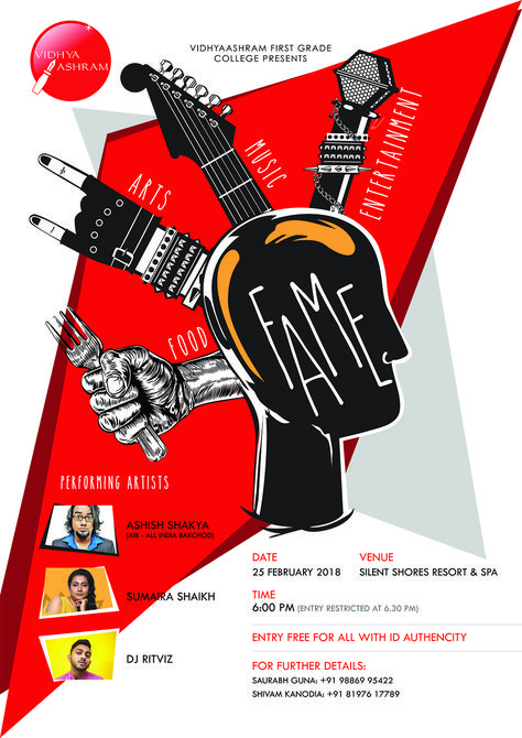 Poster Design for FAME - Fashion + Arts + Music + Entertainment Event, Vidhyaashram College College Fest Posters, College Event Poster, College Fest, College Event, Cultural Festival, College Design, Performance Artist, Music Entertainment, Festival Posters