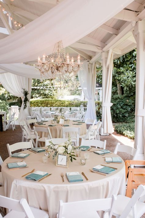 This couple selected a neutral color palette of ivory, cream, champagne, and gold and added a pop of sea glass to create a minimalist, summer table-scape for their garden wedding reception. Tap the pin to read their story and pin even more inspo for your wedding. Wedding Venue Blue Theme, Coastal Wedding Colors, Champagne And Blue Wedding, Sea Glass Wedding, John Myers, Smith Wedding, February Wedding, Sea Wedding, Summer Garden Wedding