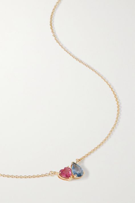 STONE AND STRAND's 'Just the Two of Us' necklace is strung with a pear-cut sapphire nestled beside a heart-shaped pink tourmaline - we think it makes a thoughtful gift for that special someone. It's handmade from 10-karat gold and adjusts between 16- and 18-inches. Layer it with other pieces from the brand. Gold Necklace With Pink Stone, Two Stone Necklace, Minimal Jewelry Necklace, خواتم خطوبة, Stone And Strand, Jewelry Product Shots, Creative Jewelry Photography, The Bling Ring, Just The Two Of Us