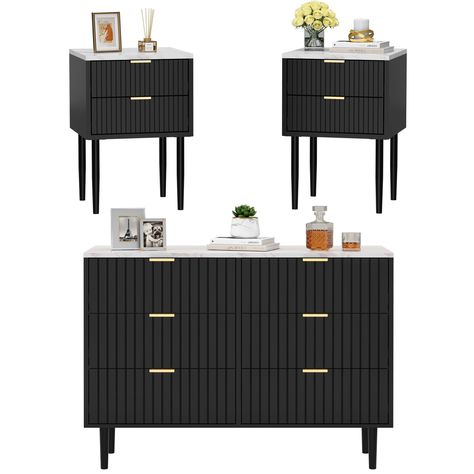 PRICES MAY VARY. Matching Dresser and Nightstand Sets 3 Piece(Black Nightstand Set of 2,Black 6 Drawer Dressr included) Modern,Sleek,Minimalist Well Painted leads smooth,water-proof,esay cleaning Grooved Stripes,Marble Texture Top,Gold Handles Easy assemble with step-by-step instructions 1 Mixed Metals Decor, Black And Cream Bedroom, Black White And Gold Bedroom, Bedroom Marble, Mens Apartment Decor, Grey And Gold Bedroom, Black Gold Bedroom, Black And Grey Bedroom, Nightstand With Drawers