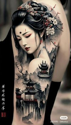 Female Japanese Tattoo, Japanese Tattoo Designs Geisha, Japanese Tattoo Art Geisha, Petals Tattoo, Female Samurai Tattoo, Tato Geisha, Japanese Geisha Tattoo, China Tattoo, Voll Arm-tattoos