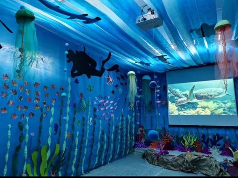 Vbs Ocean Theme, Ocean Vbs, Underwater Party, Under The Sea Decorations, Ocean Birthday Party, Ocean Room, Underwater Theme, Ocean Birthday, Vbs Themes