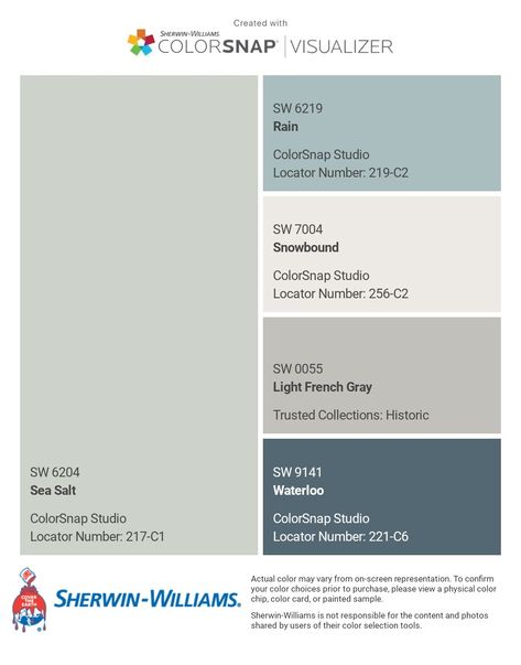 I just created this color palette with the Sherwin-Williams ColorSnap® Visualizer app on my Android phone. What do you think? You can learn more about ColorSnap Visualizer and get it on your phone free by visiting https://www.sherwin-williams.com/content/colorsnap.html. Lake House Color Palette, Light Blue Exterior House Colors, Contented Sherwin Williams, Blue Exterior House Colors, Popular Wall Colors, Florida Bathroom, Sherwin Williams Blue, Bathroom Color Palette, Georgia House