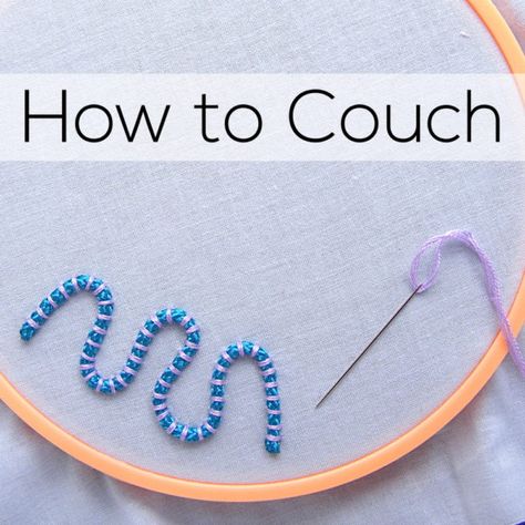 Couching Embroidery Tutorials, Couching Embroidery Stitch, Couch Stitch Embroidery, Fabric Embellishment Techniques, Embroidery Couching Stitch, Couching Embroidery Design Ideas, Couching Stitch Embroidery Designs, Couching Embroidery Design Motifs, Embroidery Stitches Tutorial Videos