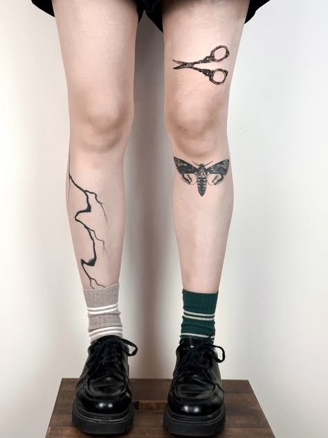 leg tattoo, tattoo for women, tattoo for girls, knee tattoo, front leg tattoo, black ink, moth tattoo, deaths head hawk moth tattoo, skull moth, skull, moth, vintage scissors, victorian scissors, silver scissors, tattoo inspiration, art, sketch, tattoo design, cybersigilism, 2014 tumblr, abstract tech, abstract pixie, acidwave, punk, alternative, art academia, bauhaus, berlin, chromcore, cyber ghetto, cyber fairy grunge, cyber pop, emo, film noir, futurism, witchcraft,  gothic, retro futurism Vintage Leg Tattoo, Moth Below Knee Tattoo, Deaths Head Hawkmoth Tattoo, Dystopian Tattoo, Hawkmoth Tattoo, Tattoo Ideas Witchy, Moth Tattoo Leg, Aesthetic Leg Tattoos, Vintage Scissors Tattoo