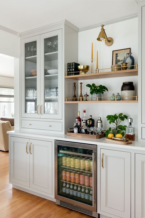 Kitchen Beverage Center Ideas, Produce Storage Kitchen Cabinets, Wraparound Kitchen Counter, White Shaker Kitchen Cabinets With Open Shelving, Open Shelves By Fridge, Dry Bar With Pantry, Small Kitchen And Living Room Layout, Living Room Bar Built In, Living Room Built In Cabinet Pulls