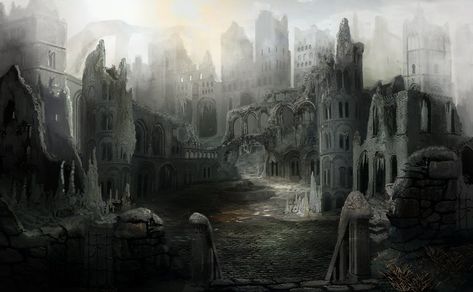 Destroyed Town Fantasy Art, Ruined Town Fantasy Art, Medieval Ruins, Dark Souls Concept Art, Steampunk City, Abandoned City, Fall City, Ruined City, Castle Art