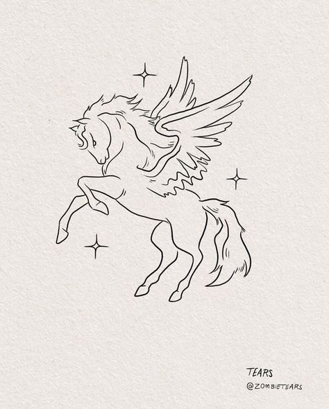 Mini Pegasus Tattoo, Pegasus Tattoo Design Greek Mythology, Small Pegasus Tattoo, Unicorn Outline Tattoo, Paint Horse Tattoo, Simple Pegasus Tattoo, Fine Line Horse Tattoo, Pegasus Tattoo Design, Pegasus Tattoos