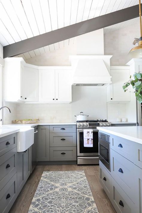 Ask Maria: About Kitchen Cabinet Uppers and Lowers in Different Colours | Maria Killam Tall Ceiling Kitchen, Cabinets Gray, Two Tone Kitchen Cabinets, Upper Kitchen Cabinets, Cheap Kitchen Cabinets, Gray And White Kitchen, Gray Cabinets, Gray Kitchen, Kitchen Cabinets Makeover