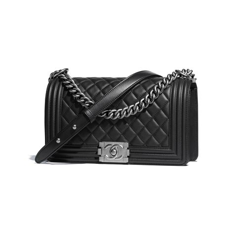 Calfskin & Ruthenium-Finish Metal Black BOY CHANEL Handbag | CHANEL Chanel Handbags Black, Dark Boy, Boy Chanel, Mode Chanel, Chanel Store, Fall Handbags, Lv Bags, Couture Mode, Burberry Handbags