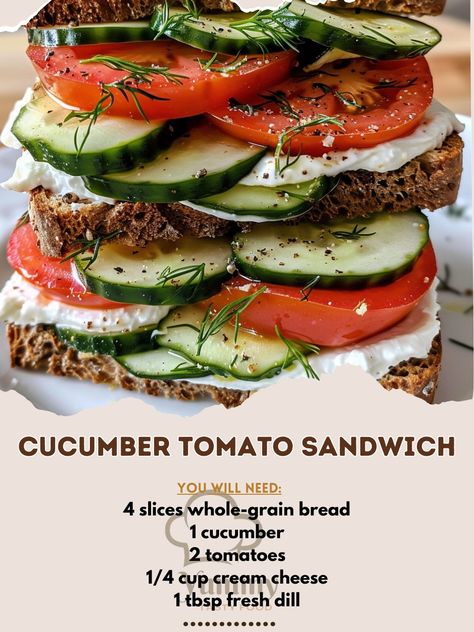 🥒🍅 A refreshing, crisp sandwich packed with flavor! #CucumberTomatoSandwich #FreshBites 🍽️ Cucumber Tomato Sandwich 🛒 Ingredients: 4 slices whole-grain bread 1 cucumber, sliced 2 tomatoes, sliced 1/4 cup cream cheese 1 tbsp fresh dill, chopped Salt & pepper to taste 👩‍🍳 Instructions: Prepare Spread: In a bowl, mix cream cheese, dill, salt, and pepper. Assemble Sandwiches: Spread cream cheese mixture on each slice of bread. Layer cucumber and tomato slices. Serve & Enjoy: Cut sandwiches in... Crisp Sandwich, Cucumber Cream Cheese, Dill Salt, Tomato Sandwiches, Cucumber And Tomato, Grain Bread, Sandwich Ingredients, Tomato Sandwich, Cucumber Tomato