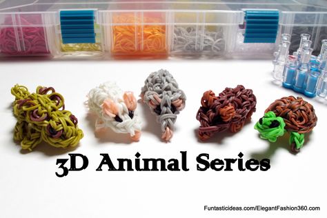 3D Animal Series by Elegant Fashion 360Rainbow Loom 3D mouse, turtles, and chameleons Figures/Charms Loom Band Animals, Loom Band Charms, Rainbow Loom Animals, Loom Art, Wonder Loom, Loom Animals, Crazy Loom, Loom Tutorials, Loom Bands Tutorial