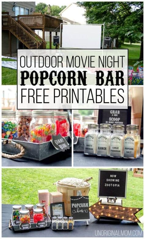 Popcorn Bar Free Printables, Outdoor Movie Night Party, Movie Night Printables, Outdoor Movie Party, Outside Movie, Backyard Movie Party, Outdoor Movie Night, Movie Night Popcorn, Movie Night Birthday Party