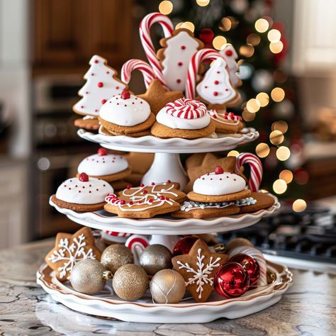 Festive Cookie Display: A beautifully arranged three-tiered stand showcasing an assortment of homemade Christmas cookies and holiday ornaments. #holiday #cookies #christmas #dessert #festive #aiart #aiphoto #stockcake ⬇️ Download and 📝 Prompt 👉 https://ayr.app/l/B7hu Christmas Dessert Table Display Ideas, Diy Cookie Stand Display, Christmas Cookie Bar Display, Christmas Dessert Bar Display, Christmas Cookie Display, Christmas Cookie Table, Christmas Dessert Display, Homemade Christmas Cookies, Christmas Cookie Tray