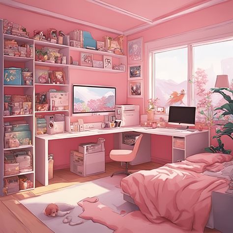 Anime bedroom Bedrooms In Anime, Cartoon Bedroom Aesthetic, Pink Anime Room Aesthetic, Anime Bedroom Art, Cute Anime Bedroom, Pink Anime Room, Kawaii Anime Bedroom, Anime Aesthetic Bedroom, Anime Bedroom Drawing