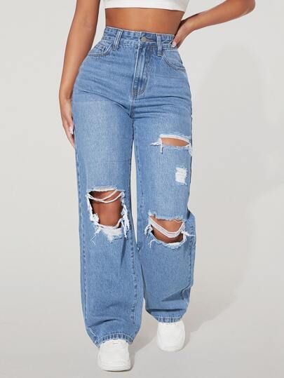 SHEIN PETITE High Waist Ripped Straight Leg Jeans | SHEIN Cute Ripped Jeans, Mode Swag, Casual Denim Pants, Cute Pants, Outfit Jeans, Baggy Pants, Cute Jeans, Simple Trendy Outfits, Petite Jeans