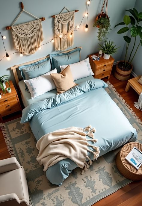 Light Blue Boho Bedroom Light Blue Apartment Bedroom, Boho Chic Bedroom Blue, Boho Beach Bedroom Aesthetic, Light Blue And Gold Bedroom Decor, Dusty Blue Bedroom Ideas, Light Blue Bedroom Aesthetic, Light Blue And Pink Bedroom, Light Blue Room Aesthetic, Boho Bedroom Blue