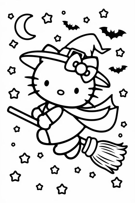 Hello Kitty Halloween Stencil, Preschool Halloween Coloring Pages, Free Halloween Printables Coloring Pages, Hello Kitty Desenhos, Easy Halloween Coloring Pages, Colouring Book Aesthetic, Hello Kitty Coloring Sheets, Halloween Coloring Pages Free Printable, Fox Drawing Easy