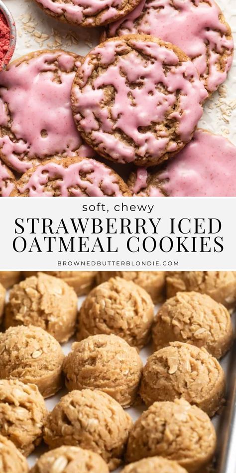 These strawberry iced oatmeal cookies are a delicious twist on an old-fashioned classic. Made with super soft centers, chewy edges and a sweet strawberry icing, these cookies will catapult you straight to star baker status! | Browned Butter Blondie Icing Oatmeal Cookies, Strawberry Icing For Cookies, Strawberry Gooey Butter Cookies, Strawberry Blonde Brownies, Cold Butter Cookies, After School Cookies, Strawberry Iced Oatmeal Cookies, Soft Iced Oatmeal Cookies, Strawberry Iced Cookies