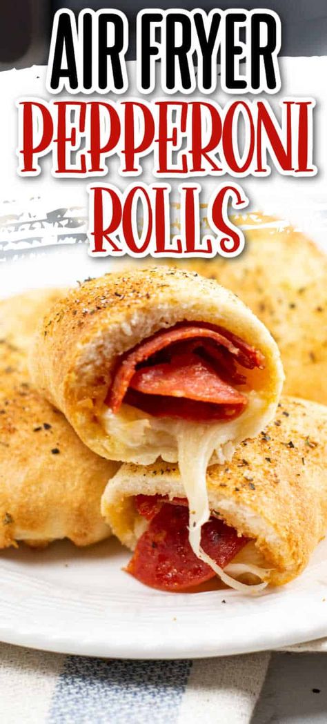 Air fryer pepperoni rolls are the perfect combination of spicy pepperoni, melted cheese, and chewy crispy pizza dough. These are a fun snack or simple meal that will quickly become a new family favorite! Air Fryer Pepperoni Pizza Puffs, Pepperoni And Cheese Croissants, Air Fryer Pepperoni Pizza Crescent Rolls, Air Fryer Pepperoni Rolls, Air Fry Pizza Rolls, Air Fryer Party Food, Peperoni Rolls, Pizza Rolls In Air Fryer, Pepperoni Crescent Rolls