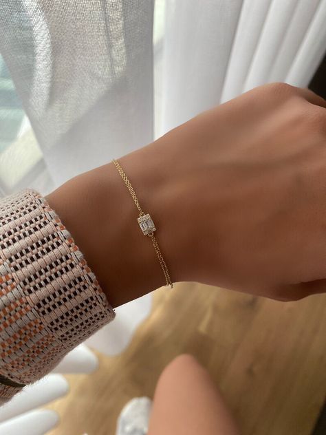 14k Yellow Gold Baguette Stone Bracelet | Etsy Minimal Rings Minimalist Jewelry, Dainty Bracelets Gold, Bracelet Ideas Gold, Gold Band Bracelet, Real Gold Bracelet, Baguette Bracelet, Eternity Bracelet, Golden Bracelet, Delicate Gold Chain