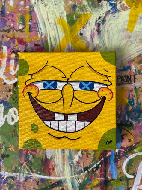 4x4 canvas painting of SpongeBob Canvas Art Ideas Cartoon, Canvas Painting Ideas High, Cartoon Characters High Paintings Easy, Funny Paintings Ideas, Silly Canvas Paintings, Spongebob High Painting Canvases, Trippy Spongebob Painting Canvases, Canvas Painting Ideas Characters, Funny Paintings On Canvas