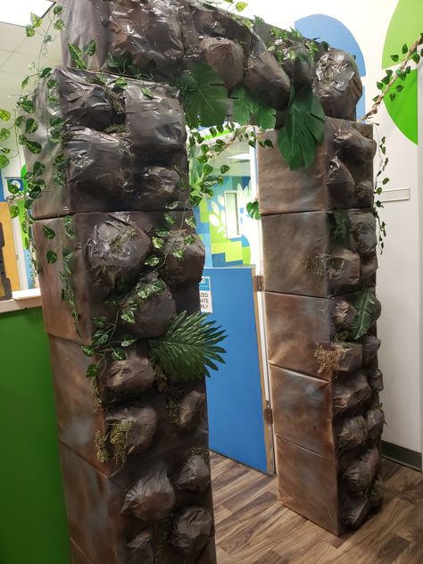 Jungle Entrance Decor, Jungle Halloween, Treasured Vbs, Jungle Ruins, Vbs Jungle, Stones Craft, Jungle Theme Decorations, Garden Pebbles, Festa Jurassic Park