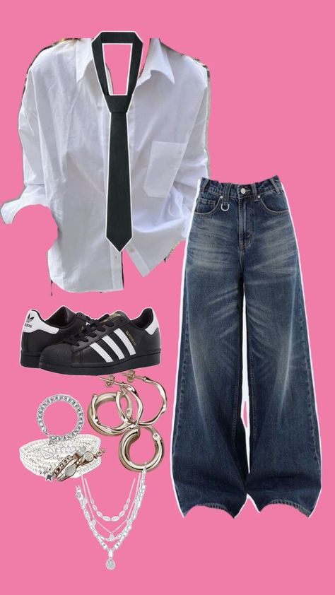 Streetwear baggy style fashion blouse with loose tie baggy jeans adidas super star old school shoes and silver jewellery 🌙 Baggy Dance Outfit, Aesthetic Outfits With Baggy Jeans, Dance Streetwear, Shirt And Tie Outfits, Outfit Ideas Baggy Jeans, Old School Jeans, Wanted Aesthetic, Baggy Jeans Outfit Aesthetic, Vintage Jeans Outfit