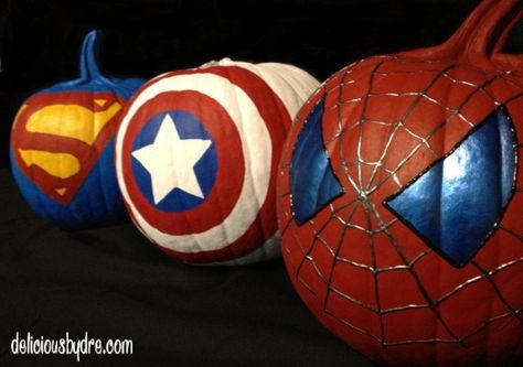 Superhero Pumpkins by Delicious by Dre and other cool pumpkin ideas Literary Pumpkins, Pumpkin Decorating Contest, No Carve Pumpkin Decorating, Painting Pumpkins, Disney Pumpkin, Pumpkin Contest, Pumpkin Carvings, Halloween Pumpkins Painted, Creative Pumpkins