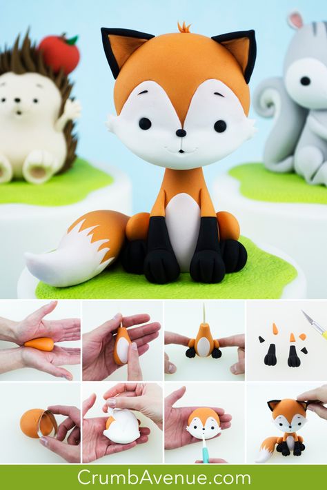 Fox Fondant Cake Topper, Fox Fondant Tutorial, Fondant Woodland Animals Tutorial, Woodland Fox Cake, Fondant Fox Tutorial, Fondant Figurines Tutorials, Cute Fondant Animals, How To Make Fondant Animals, Fondant Animals Easy