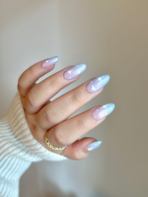 Stardust Nails, Starry Night Nails, Starry Nails, Gender Reveal Nails, Night Nails, Star Nail Designs, Sky Nails, Moon Nails, Lavender Nails