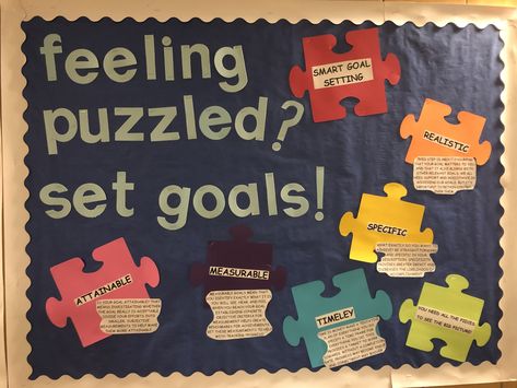 setting goals bulletin board - puzzle theme Goal Setting Ra Bulletin Board, Highschool Bulletin Board Ideas, Finals Bulletin Board Ra, Smart Goals Bulletin Board, Study Tips Bulletin Board, Nursing Decorations, Sel Bulletin Board, Puzzle Bulletin Boards, Goal Setting Bulletin Board