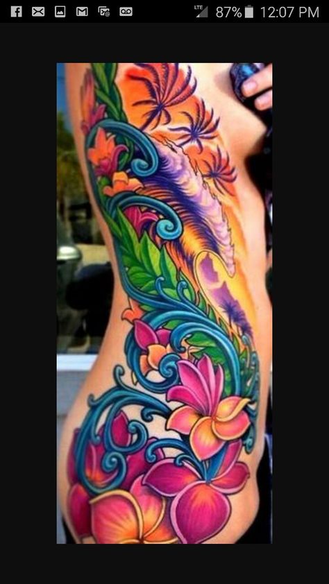 Colorful Sleeve Tattoos, Cute Thigh Tattoos, Amazing 3d Tattoos, Bright Tattoos, Hibiscus Tattoo, Flower Tattoo Ideas, Tattoos For Women Flowers, Muster Tattoos, Most Famous Paintings