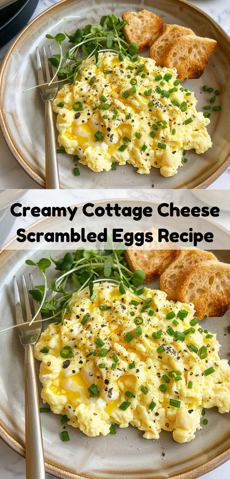 Creamy Cottage Cheese Scrambled Eggs easily. Cottage Cheese Scrambled Eggs, Cheese Scrambled Eggs, Cottage Cheese Recipes Healthy, Cottage Cheese Breakfast, Scrambled Eggs With Cheese, Cottage Cheese Eggs, Scrambled Eggs Recipe, Healthy High Protein Meals, Cottage Cheese Recipes