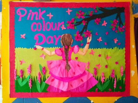 Pink Day Decoration In Preschool, Pink Day Bulletin Board Ideas, Pink Day Board Decoration In School, Pink Colour Day Decoration Ideas For School, Pink Day Decoration Ideas In School, Pink Day Activities Preschool, School Board Decoration Creative Borders, Wall Decoration Ideas For School, Mural Mayo