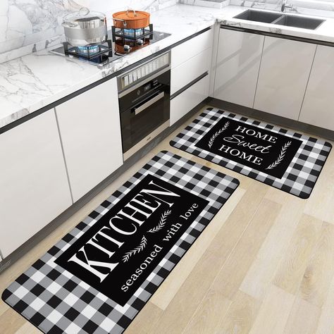 PRICES MAY VARY. 【Superior Material】The checked decor kitchen rugs are made of excellent quality PVC, the premium sturdy material is waterproof, washable, dries quickly, and does not easy to get stained. 【Easy to Clean】These anti-fatigue kitchen rugs are non-slip wrinkle-resistant and colorfast. Cleaning these cozy mats' surfaces is so simple, a damp warm cloth, they look brand new again! And a hand-held vacuum can be used if needed, providing you with a clean & fresh area and provide a great jo White Kitchen Rugs, Buffalo Plaid Kitchen, Checkered Kitchen, Farmhouse Kitchen Rugs, Farm Style Kitchen, Plaid Kitchen, Top Of Kitchen Cabinets, Rustic Farmhouse Furniture, Black Kitchen Decor