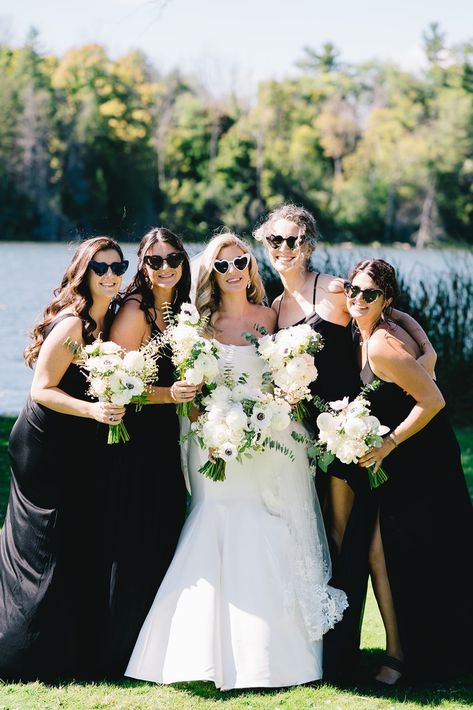 Bridesmaids black dresses, fun sunglasses, heart sunglasses, bridal party photos, wedding portraits. Black and white design. Rentals from Table Tales Inc., photography by North Story Weddings, wedding at the Royal Venetian, flowers by Flower Treasures. Full planning and design by Claudia and Co., Toronto wedding planner. Bridesmaids Black Dresses, Bridal Party Sunglasses, Dresses Fun, Fun Sunglasses, Wedding Rentals Decor, Curated Wedding, Black And White Wedding, Bridal Party Photos, Wedding 2024