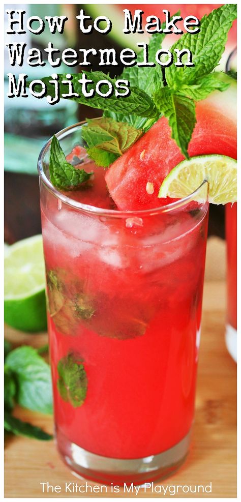 EASY Watermelon Mojito ~ Don't waste that watermelon juice that collects when you cut up a whole melon ... Use it to whip up an easy Watermelon Mojito instead!  It's certainly a tasty way to enjoy summer's watermelon. #watermelon #watermelonmojitos  www.thekitchenismyplayground.com Heathly Drinks, Watermelon Alcoholic Drinks, Watermelon Mojito Recipe, Watermelon Cocktail Recipes, Mocktail Ideas, Mojito Recipes, Watermelon Smoothie Recipes, Mojito Drink, Watermelon Cocktail