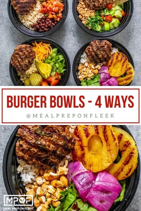 Meal In A Bowl Recipes, Italian Meal Prep Bowls, Beef Bowl Recipe Healthy, Healthy Burger Meals, Healthy Hamburger Meal Prep, Clean Bowl Recipes, Cheese Burger Bowl Meal Prep, Cheeseburger Meal Prep, Lean Beef Recipes Healthy