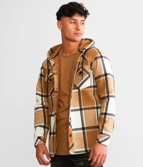 Departwest Plaid Hooded Shacket - Brown X-Large, Men's Creamtobacco Snap front fleece lined shirt jacket Matching boy's shacket. Layering piece(s) and/or accessories sold separately.. Shell: 55% Cotton 45% Polyester. Body lining: 100% Polyester. Machine wash cold. Gentle cycle with like colors. Do not bleach. Tumble dry low. Cool iron if needed.. MEN'S SHACKET SIZE CONVERSION CHART Size S M L XL XXL Chest 44 46 48 50 52 Body Length 29 30 31 32 33 Sleeve Length (shoulder to cuff) 26 1/4 26 3/4 27 Hooded Shacket, Jackets Men Fashion, Men's Coats & Jackets, Conversion Chart, Black And White Design, White Design, Men Fashion, Mens Coats, Shirt Jacket