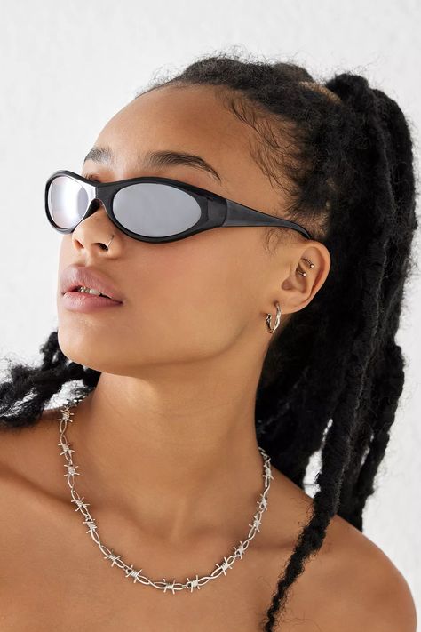 90s-inspired sports tech sunglasses by Good Times Eyewear. Features a visor-style silhouette with oval lenses and tapered sides. Y2k Glasses, Tapered Sides, 90s Sports, Wrap Sunglasses, 90s Inspired, Sports Sunglasses, Neck Strap, Square Sunglasses Women, Cat Eye Sunglasses